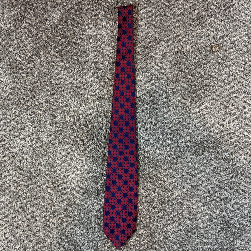 Vintage 80s Christian Dior Mens Tie Navy Red Geometric Checkered Circle Pattern